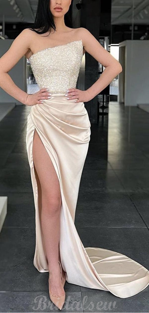 Champagne Sequin Mermaid Modest Party Long Prom Dresses, Evening Dress PD447