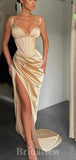 Champagne Unique Sexy High Slit Mermaid Formal Party Long Evening Prom Dresses PD1072