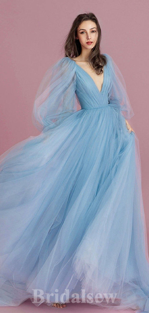 Charming A-line Long Sleeves Blue Tulle Elegant Princess Long Women Evening Prom Dresses PD733