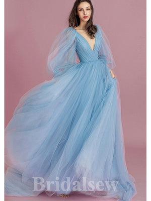 Charming A-line Long Sleeves Blue Tulle Elegant Princess Long Women Evening Prom Dresses PD733