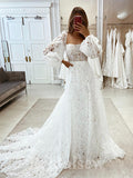 Charming A-line Long Sleeves Full Lace Beach Vintage Long Wedding Dresses WD345