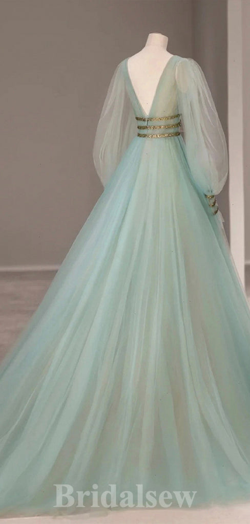 Charming A-line Long Sleeves V-neck Tulle Elegant Princess Long Women Evening Prom Dresses PD732