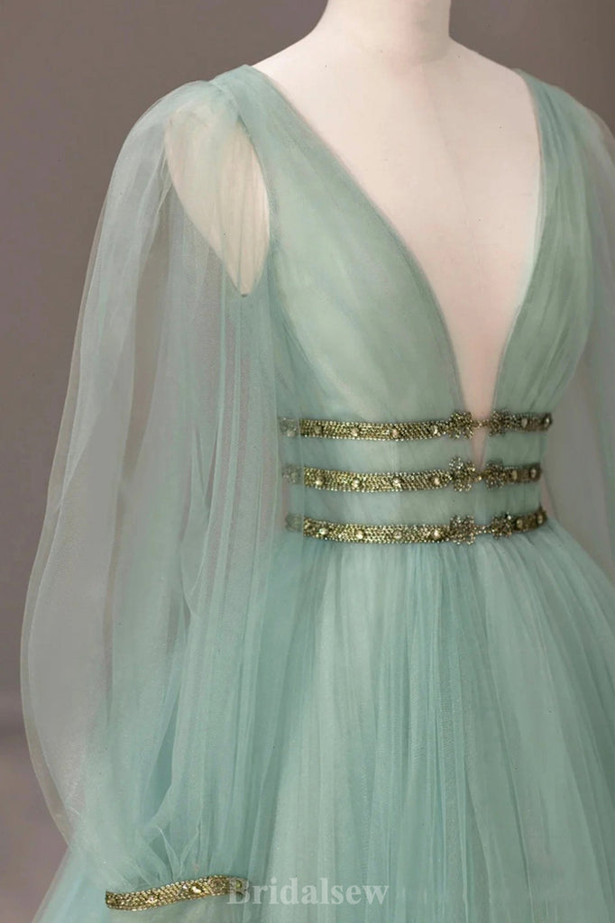 Charming A-line Long Sleeves V-neck Tulle Elegant Princess Long Women Evening Prom Dresses PD732