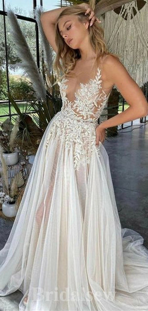 Charming A-line Sleeveless Custom Lace Beach Vintage Long Wedding Dresses WD344