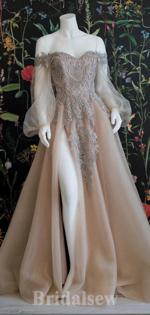 Charming A-line Stylish Off the Shoulder Long Puff Sleeves Princess Long Women Evening Prom Dresses PD824