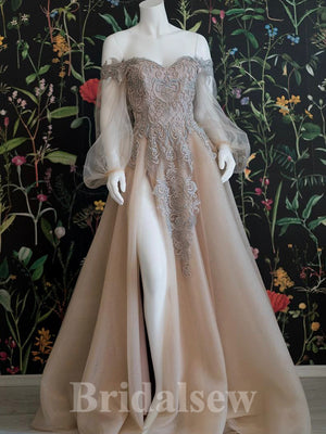 Charming A-line Stylish Off the Shoulder Long Puff Sleeves Princess Long Women Evening Prom Dresses PD824