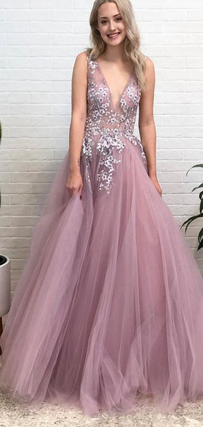 Charming A-line V-Neck Tulle Elegant Formal Modest Prom Dresses PD1784 main image 0