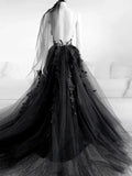 Charming Black Gothic Lace Tulle A-line Long Wedding Dresses, Bridal Gowns WD091