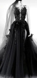 Charming Black Gothic Lace Tulle A-line Long Wedding Dresses, Bridal Gowns WD091