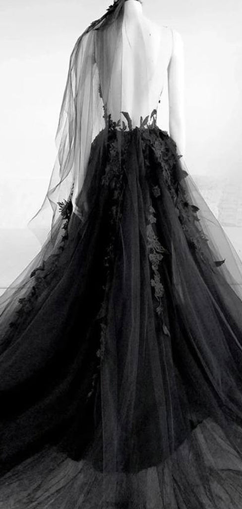 Charming Black Gothic Lace Tulle A-line Long Wedding Dresses, Bridal Gowns WD091