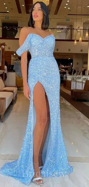 Charming Blue Off The Shoulder Sequin Sparkly Glitter Mermaid Elegant Modest Women Long Evening Prom Dresses PD626