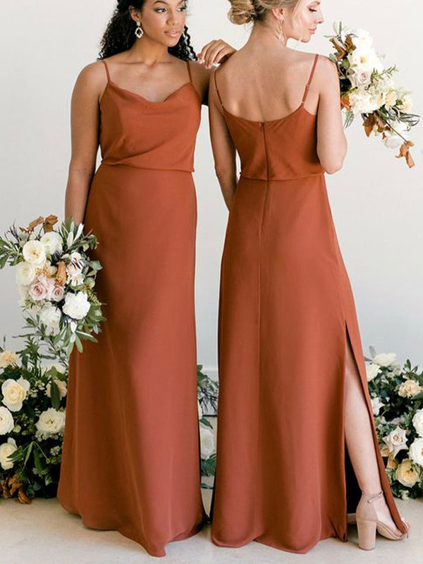 Charming Burnt Orange Spaghetti Strap Elegant Long Most Popular Bridesmaid Dresses BD220