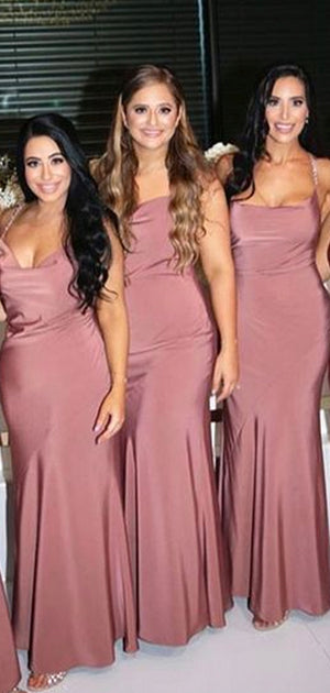 Charming Dusty Rose Spaghetti Strap Elegant Long Simple Bridesmaid Dresses BD221
