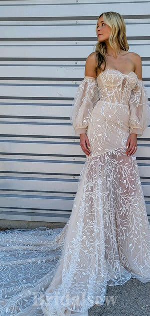 Charming Elegant Mermaid Luxurious Unique Vintage Long Romantic Wedding Dresses WD419