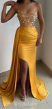 Charming Elegant Yellow Glitter Strapless Modest Unique Mermaid Long Party Evening Prom Dresses, PD1263
