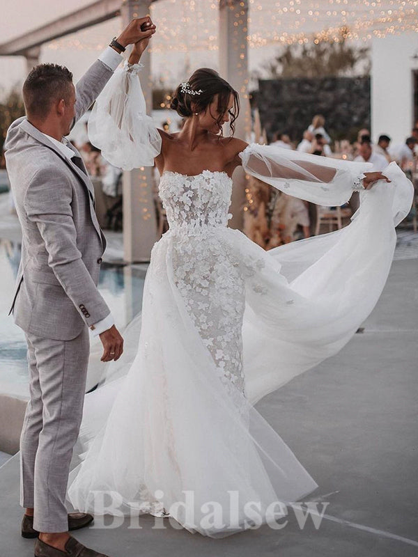 Charming Lace Appliques Mermaid Detachable Princess Classy Fairy Beach Vintage Long Wedding Dresses WD339