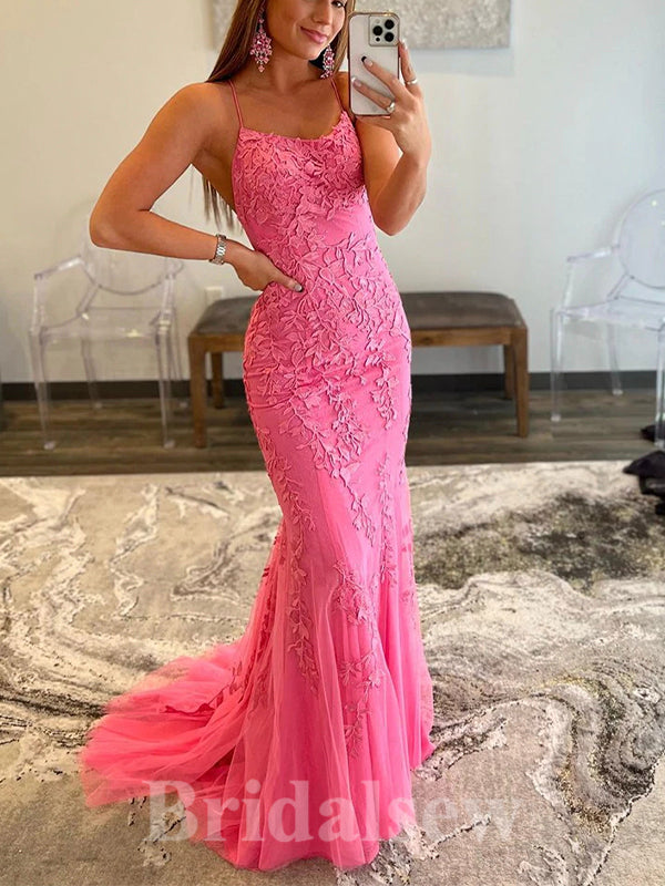 Charming Lace Mermaid Spaghetti Straps New Elegant Long Party Evening Prom Dresses PD973