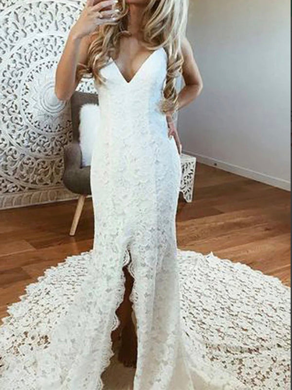 Charming Lace Mermaid Spaghetti Straps Vintage Beach Long Wedding Dresses WD275
