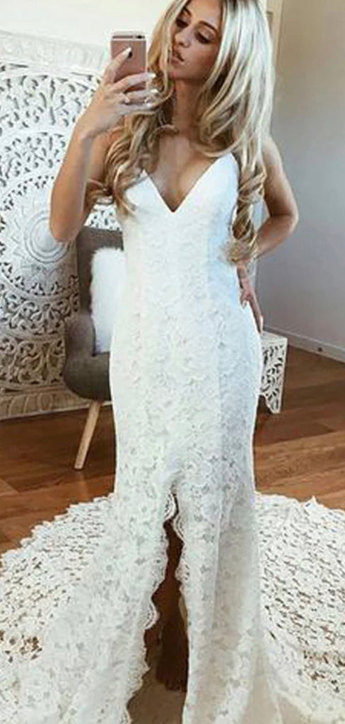 Charming Lace Mermaid Spaghetti Straps Vintage Beach Long Wedding Dresses WD275