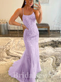 Charming Lilac Lace Mermaid Spaghetti Straps New Popular Long Party Evening Prom Dresses PD976