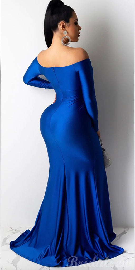 Charming Long Sleeves Off the Shoulder Blue Mermaid Unique Elegant Formal Black Girls Slay Satin Evening Long Prom Dresses PD536