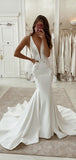 Charming Mermaid V-Neck Satin Unique Long Beach Wedding Dresses WD029
