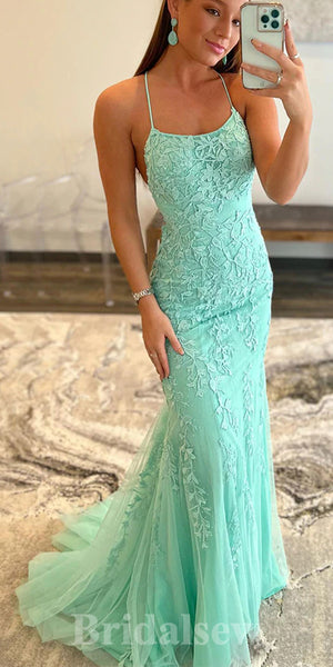 Charming Mint Green Lace Mermaid Spaghetti Straps New Popular Long Party Evening Prom Dresses PD975