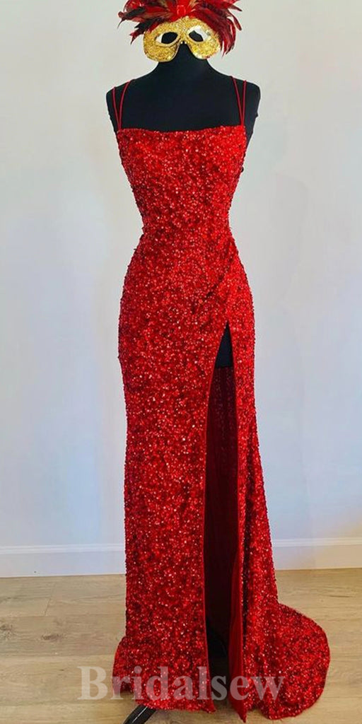 Charming Red Sequin Sparkly Mermaid Stylish Slit Long Party Evening Prom Dresses PD967
