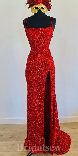 Charming Red Sequin Sparkly Mermaid Stylish Slit Long Party Evening Prom Dresses PD967