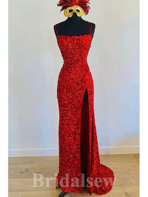 Charming Red Sequin Sparkly Mermaid Stylish Slit Long Party Evening Prom Dresses PD967