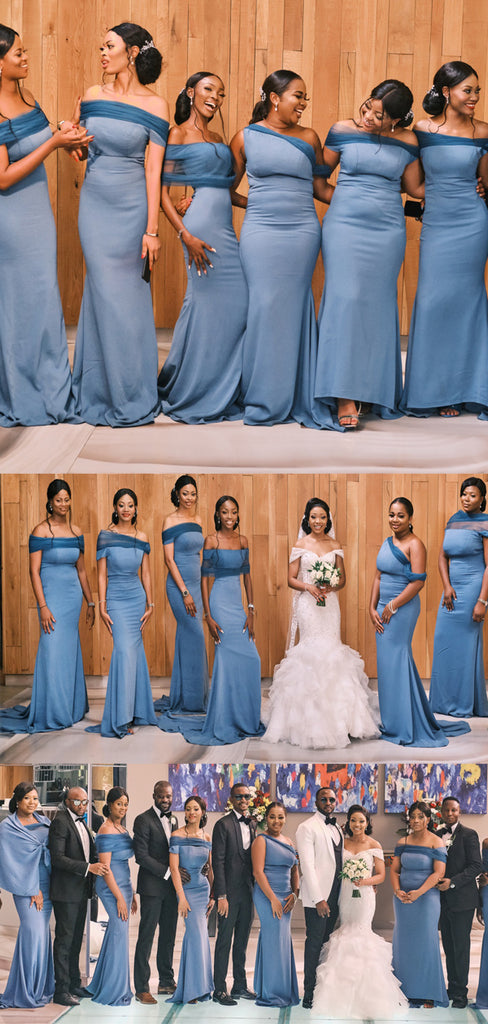 Cheap Blue Mermaid Off the Shoulder Formal Bridesmaid Dresses BD003