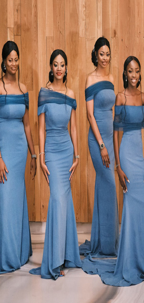 Cheap Blue Mermaid Off the Shoulder Formal Bridesmaid Dresses BD003
