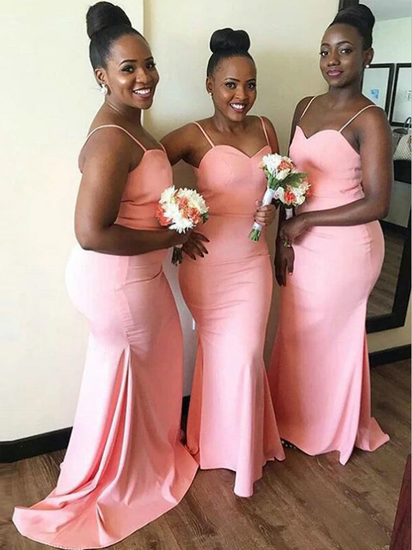 Cheap Spaghetti Straps Pink Mermaid Long Bridesmaid Dresses BD004