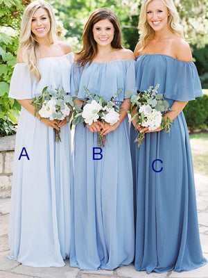 Chiffon Blue Mismatched Cheap Long Bridesmaid Dresses BD036