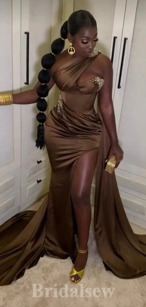 Chocolate Mermaid One Shoulder Unique Formal Party Long Elegant Evening Prom Dresses PD1064