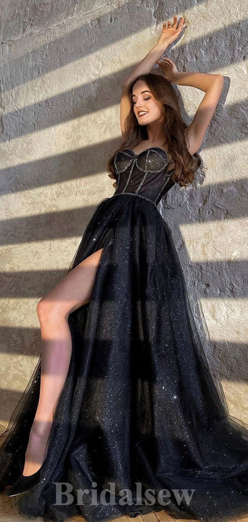 Off the Shoulder A-line Black Glitter Sparkly Modest Princess Long Women Evening Prom Dresses PD738