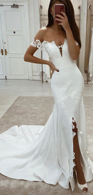 Custom Mermaid Modest Beach Long Wedding Dresses, Bridal Gowns WD104