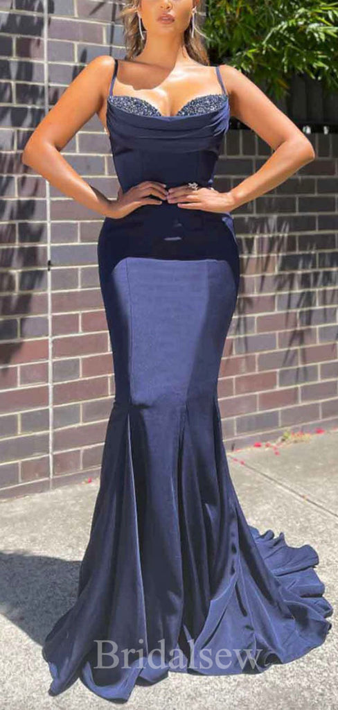 Custom Navy Blue Spaghetti Straps Mermaid Elegant Modest Women Long Evening Prom Dresses PD609