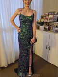 Dark Green Sparkly Sequin Mermaid Spaghetti Straps Black Girls Slay Evening Long Prom Dresses PD495