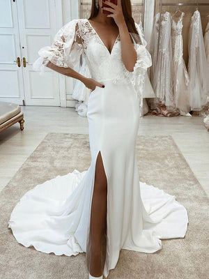 Dream Mermaid Half Sleeves Unique Vintage Garden Beach Long Wedding Dresses WD243