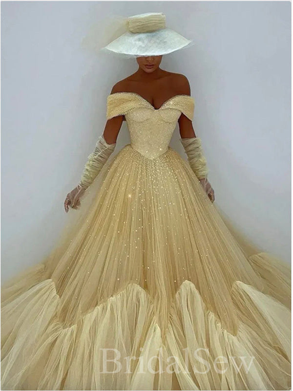 Dusty Yellow Tulle Princess Sparkly Women Long Evening Party Prom Dresses PD569