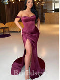 Elegant Best Satin Modest New Long Slit Popular Off Shoulder Evening Prom Dresses PD1188