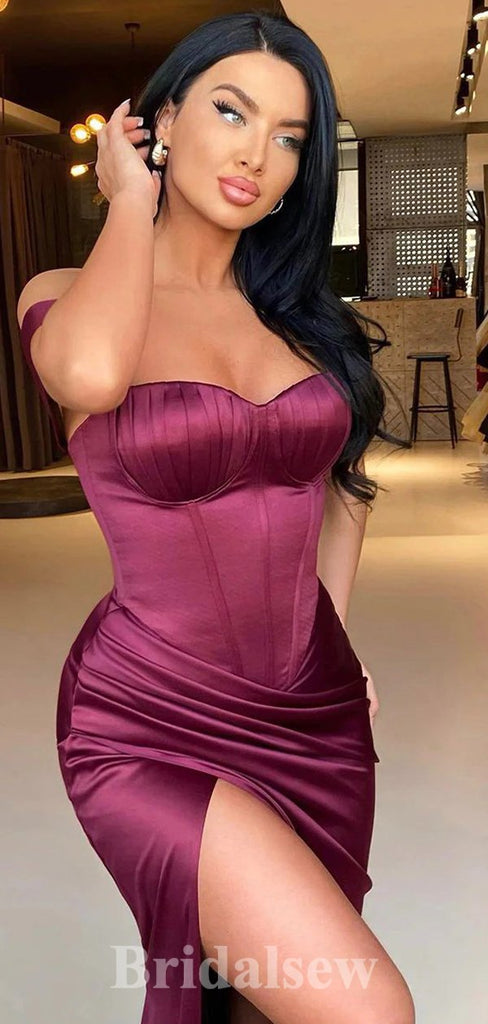 Elegant Best Satin Modest New Long Slit Popular Off Shoulder Evening Prom Dresses PD1188