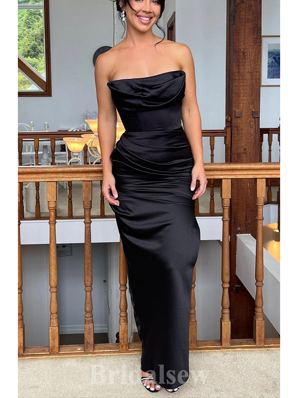 Elegant Black Satin Strapless Mermaid Long Party Women Prom Dresses, Evening Dress PD680