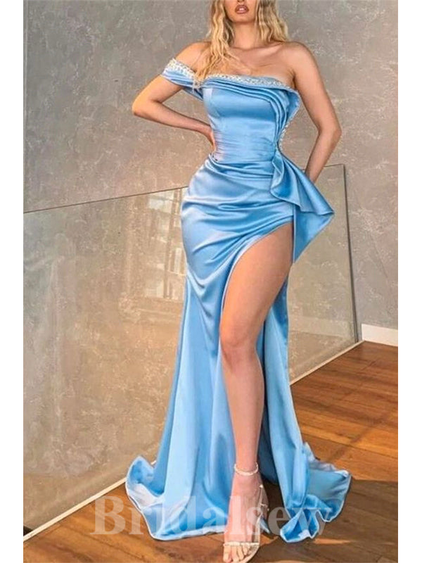 Elegant Blue Satin Stylish Fitted Mermaid Party One Shoulder Modest Long Women Evening Prom Dresses PD772