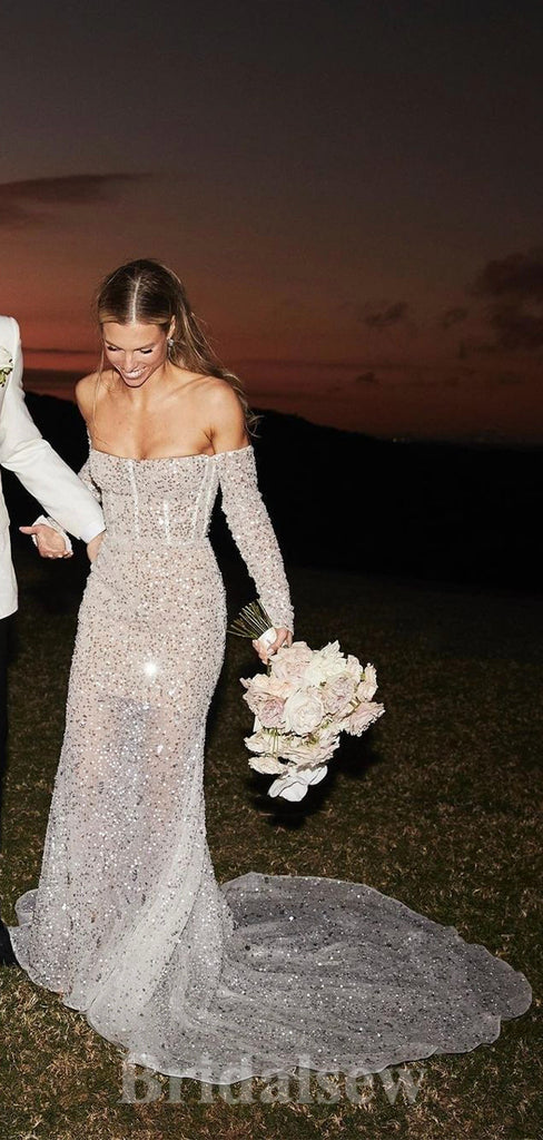 Elegant Mermaid Long Sleeves Sequin Sparkly Dream Beach Vintage Long Wedding Dresses WD363