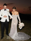 Elegant Mermaid Long Sleeves Sequin Sparkly Dream Beach Vintage Long Wedding Dresses WD363