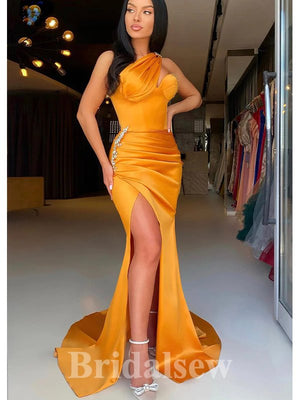 Elegant One Shoulder Satin Modest New Long Slit Stylish Evening Prom Dresses PD1190