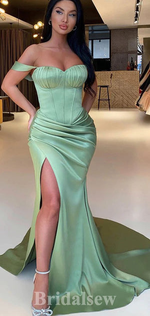 Elegant Sage Satin Modest New Long Slit Off Shoulder Evening Prom Dresses PD1191