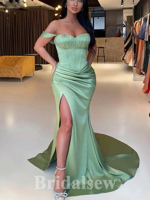 Elegant Sage Satin Modest New Long Slit Off Shoulder Evening Prom Dresses PD1191
